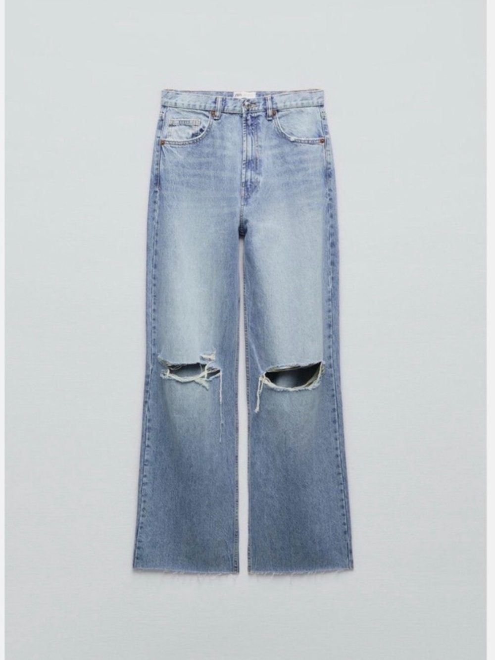 Zara Light Blue Distressed Wide-Leg Jeans